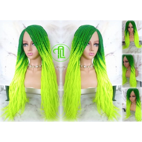 Green Florescent  Ombre Senegalese Twist Braid Wig Glow in The Dark Braids Neon - Picture 2 of 9